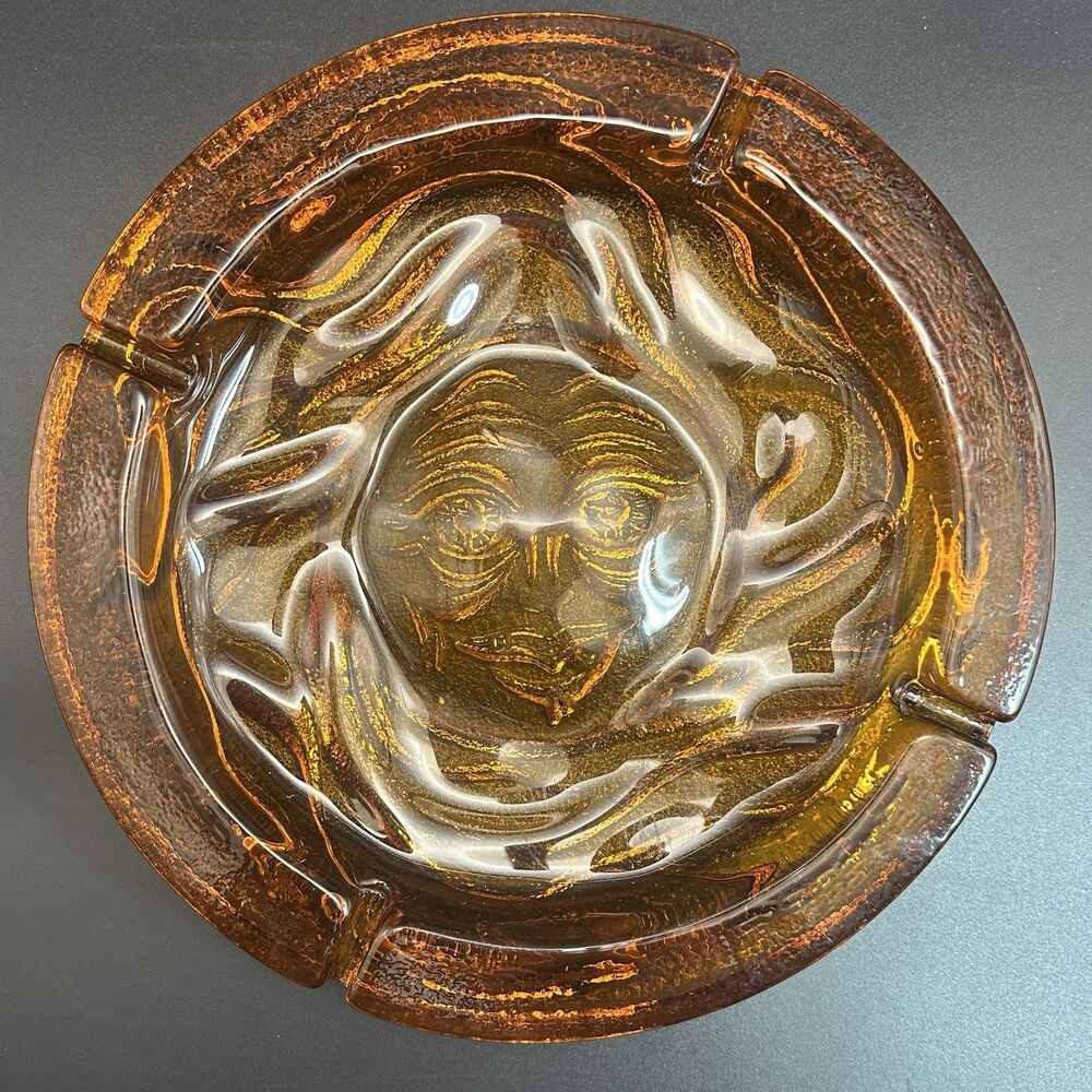 Vintage Blenko 734 Sun Face Amber Glass Ashtray 11” John Nickerson MCM Brutalist